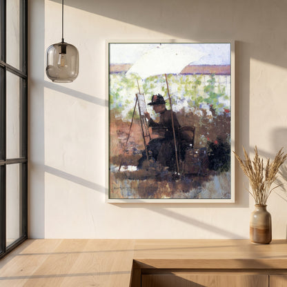 Sketch for 'A Pupil of Mine' framed print in a white frame on a plaster wall above an oak worktop in a bright Scandinavian kitchen