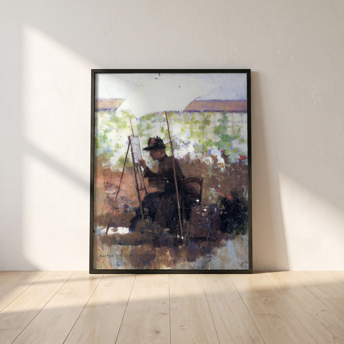 Sketch for 'A Pupil of Mine' framed print in a black frame leaning against a white plaster wall on oak floorboards in morning light