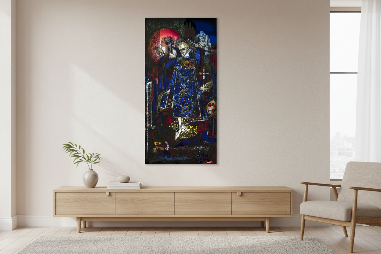 50×100 cm canvas print of ‘The Song of the Mad Prince’ by Harry Clarke hanging on a neutral living-room wall, soft daylight, Scandinavian furnishings, oak sideboard, minimal styling, clean editorial photography. Buy Irish Art