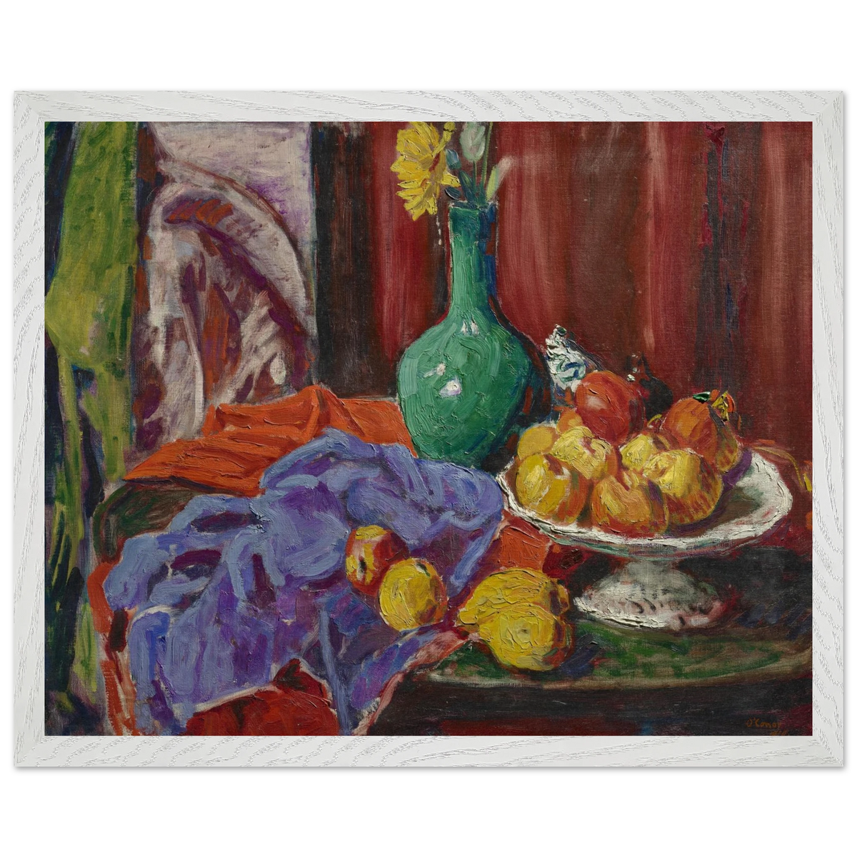 Still Life of Fruit and Green Vase by Roderic O'Conor, 1919, still life print in a white frame