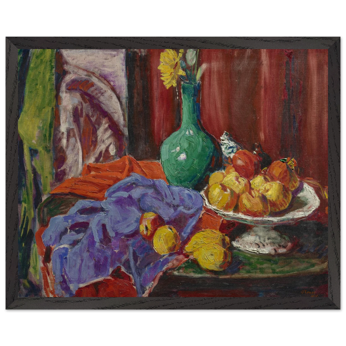 Still Life of Fruit and Green Vase by Roderic O'Conor, 1919, still life print in a black frame