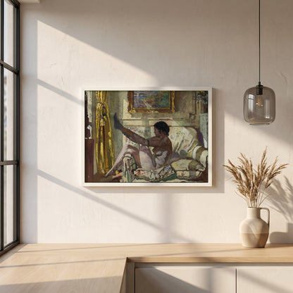 Sunlight framed print in a white frame on a plaster wall above an oak worktop in a bright Scandinavian kitchen