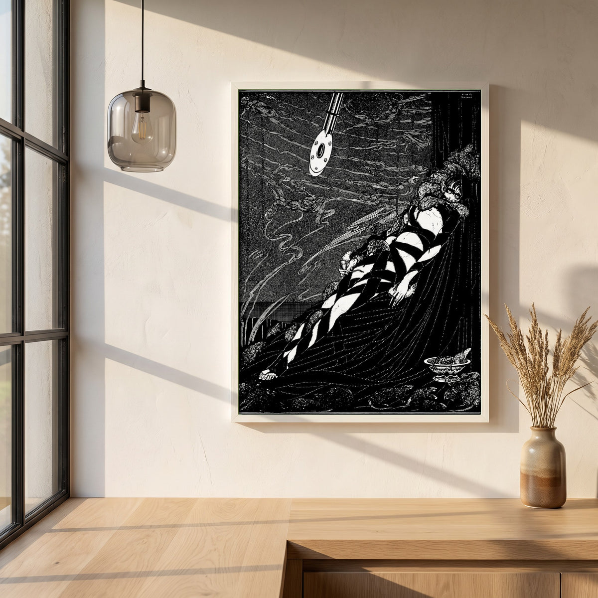 Swarmed Upon Me framed print in a white frame on a plaster wall above an oak worktop in a bright Scandinavian kitchen