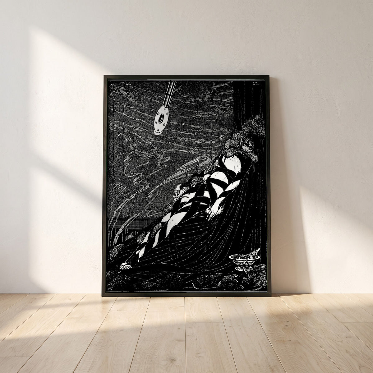 Swarmed Upon Me framed print in a black frame leaning against a white plaster wall on oak floorboards in morning light