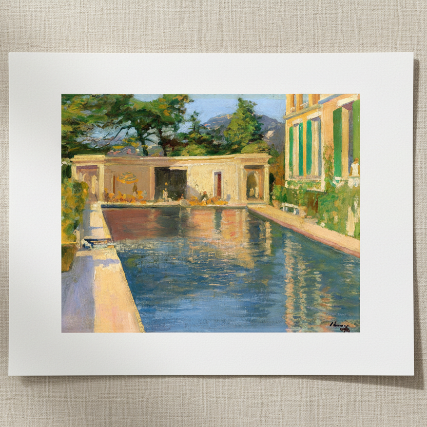 Swimming Pool, Southern France by Sir John Lavery, unframed archival art print resting on light linen fabric in soft natural daylight