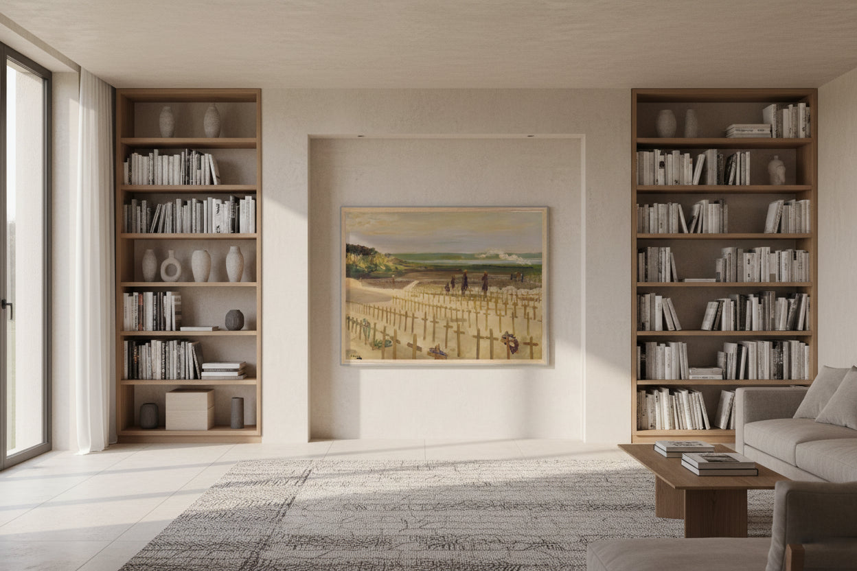 Collector’s Edition of The Cemetery, Étaples (1919) by Sir John Lavery displayed in a refined institutional office interior.