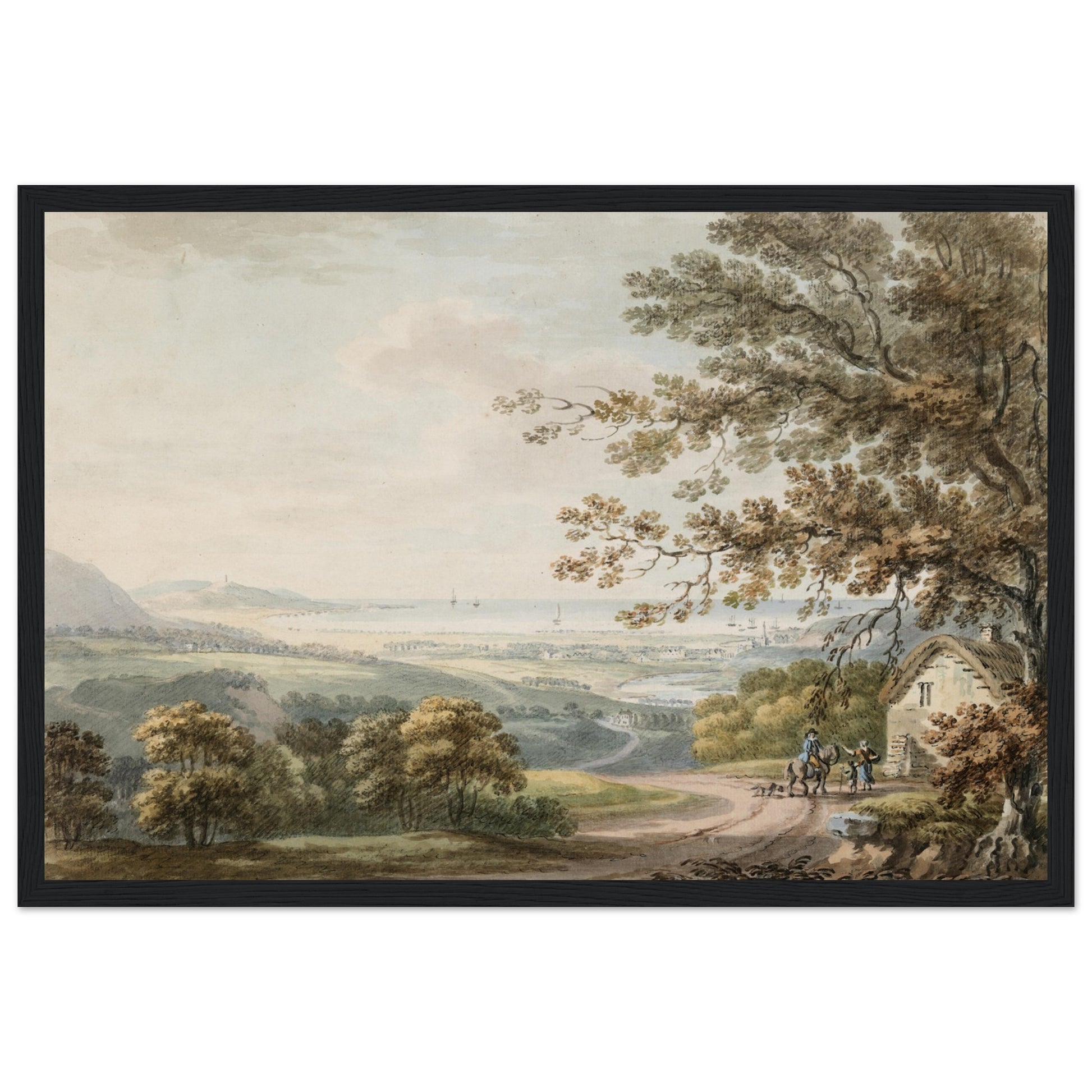 Antique Irish landscape framed print of Bray, County Wicklow, looking towards Killiney Bay by Thomas Sautelle Roberts, c.1800.