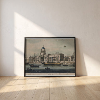 The Custom House, Dublin framed print in a black frame leaning against a white plaster wall on oak floorboards in morning light