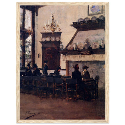 The Dutch Cocoa House (1888) by John Lavery print in a pale oak frame, plates on high shelves