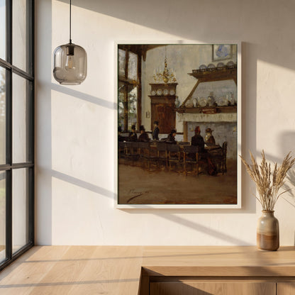 The Dutch Cocoa House, Glasgow International Exhibition framed print in a white frame on a plaster wall above an oak worktop in a bright Scandinavian kitchen