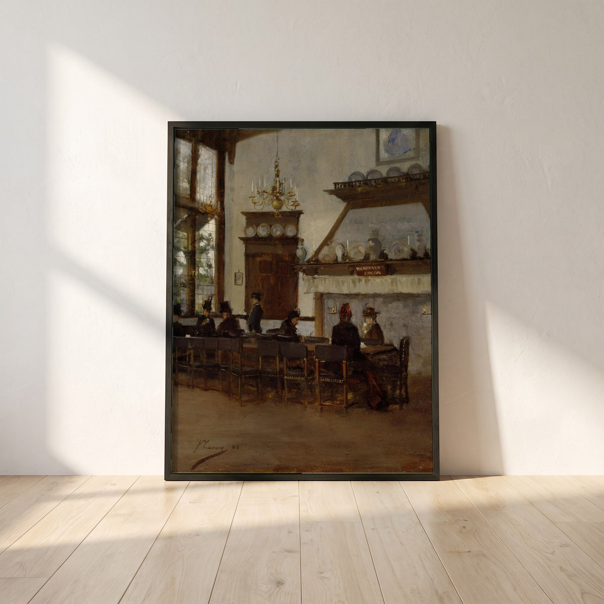 The Dutch Cocoa House, Glasgow International Exhibition framed print in a black frame leaning against a white plaster wall on oak floorboards in morning light