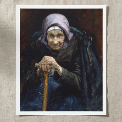 The Fisherman’s Mother by Helen Mabel Trevor, unframed archival art print resting on light linen fabric in soft natural daylight