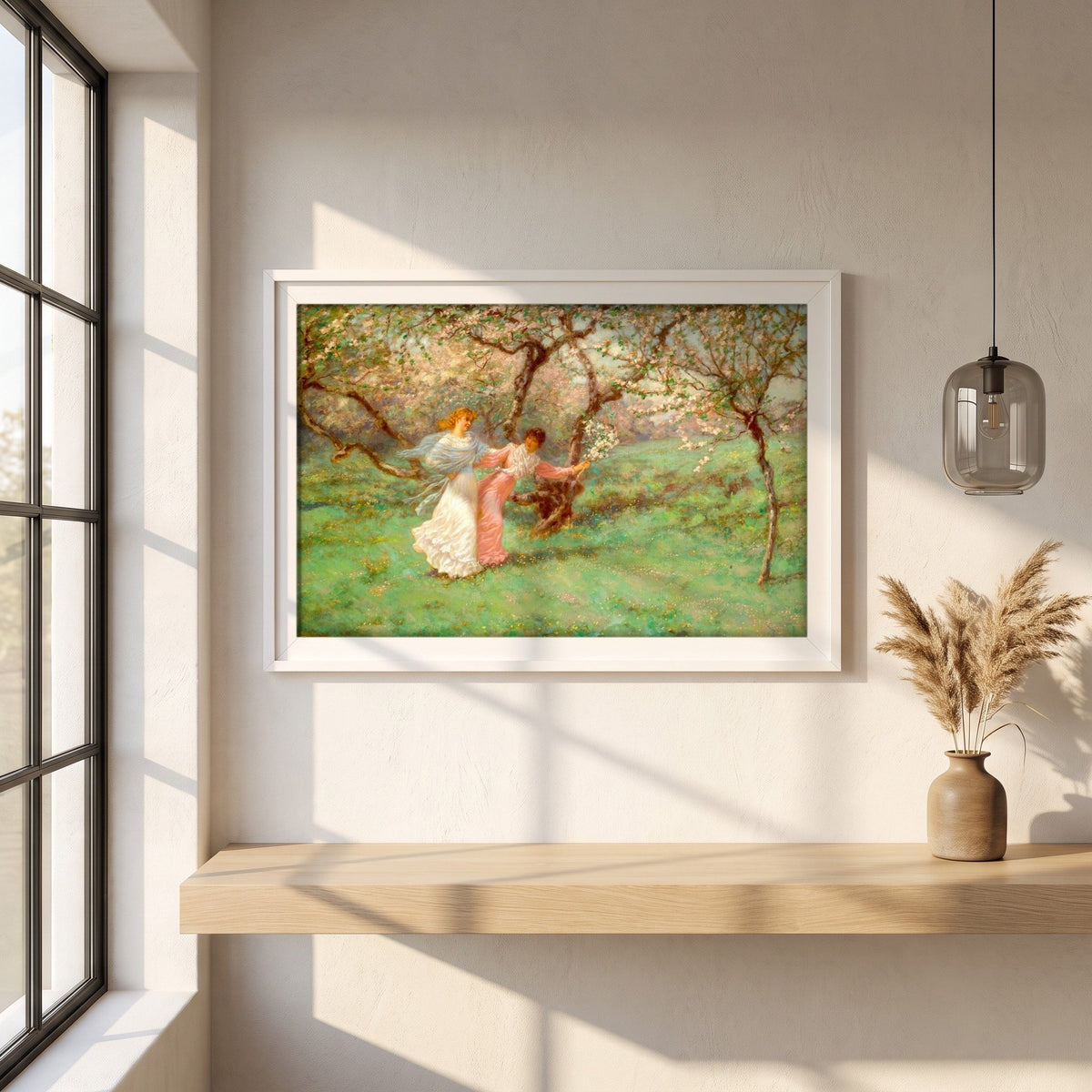 The Flowers of May by William John Hennessy framed print in a white frame on a plaster wall above an oak worktop in a bright Scandinavian kitchen