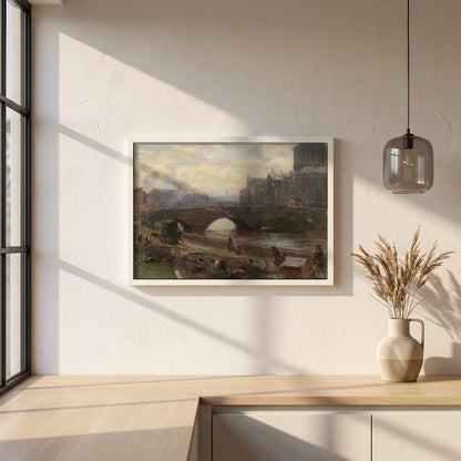 The Four Courts, Dublin framed print in a white frame on a plaster wall above an oak worktop in a bright Scandinavian kitchen