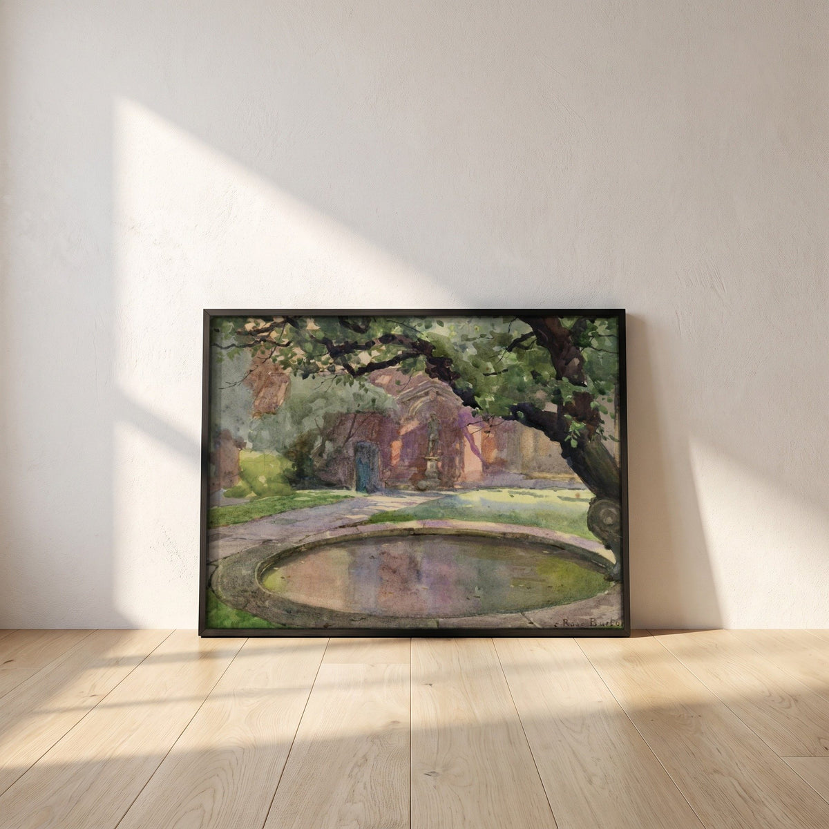The Garden of Lindsey House, London framed print in a black frame leaning against a white plaster wall on oak floorboards in morning light