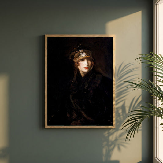 The Gold Turban framed print in a natural oak frame on a dark green wall beside a window, dappled plant shadow