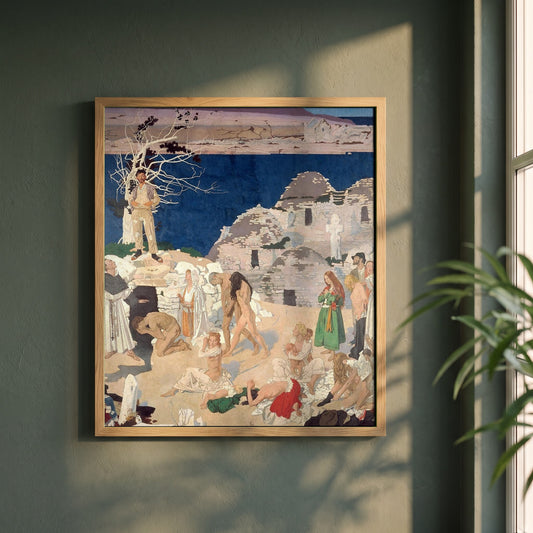 The Holy Well framed print in a natural oak frame on a dark green wall beside a window, dappled plant shadow