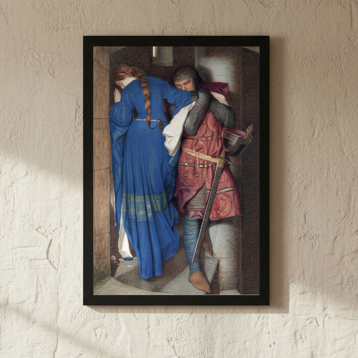 The Meeting on the Turret Stairs framed print in a black frame on a textured plaster wall
