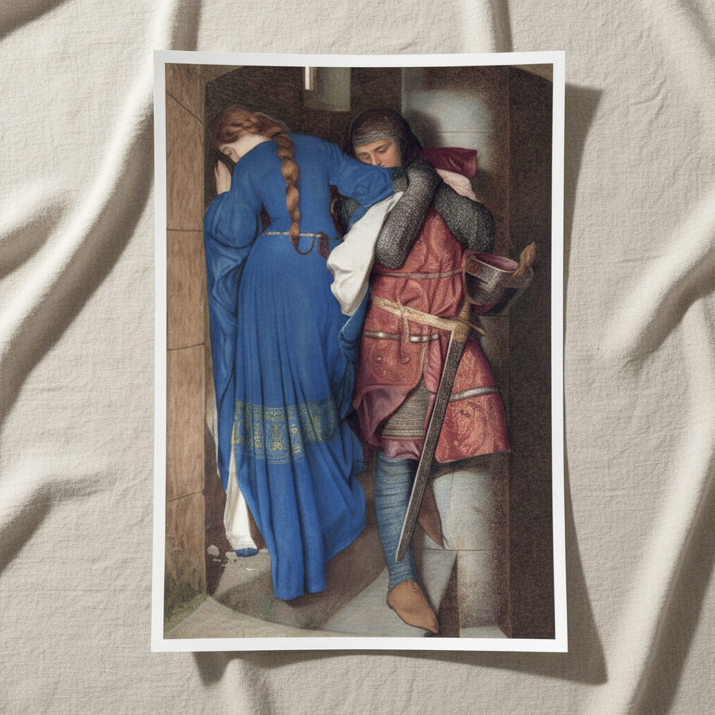 The Meeting on the Turret Stairs unframed print with white border resting on crumpled linen