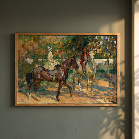 The Morning Ride framed print in a natural oak frame on a dark green wall beside a window, dappled plant shadow