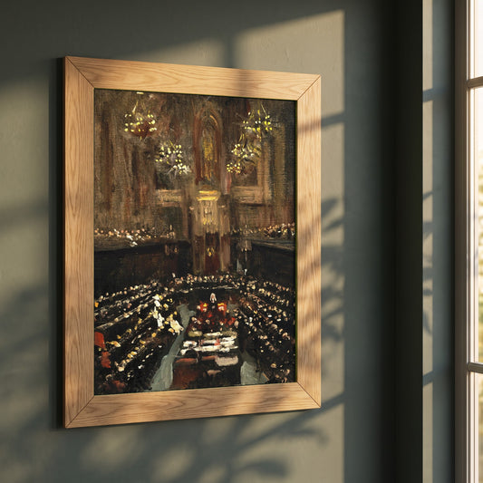 Irish Treaty Ratification framed print in a natural oak frame on a dark green wall beside a window, dappled plant shadow