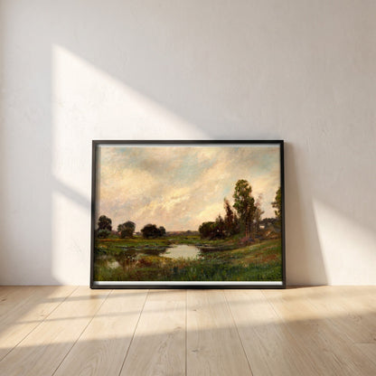 The River by Edward Gay framed print in a black frame leaning against a white plaster wall on oak floorboards in morning light