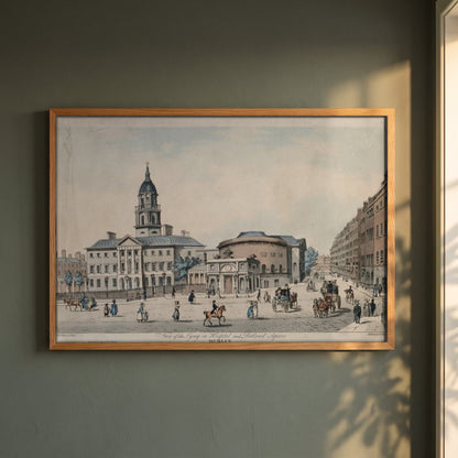 The Rotunda & Rutland Square, Dublin framed print in a natural oak frame on a dark green wall beside a window, dappled plant shadow