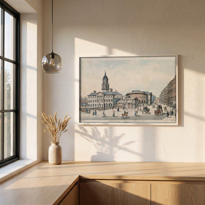 The Rotunda & Rutland Square, Dublin framed print in a white frame on a plaster wall above an oak worktop in a bright Scandinavian kitchen