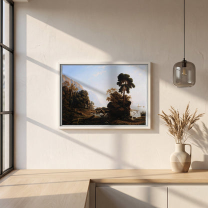 The Stag Hunt by Francis Danby framed print in a white frame on a plaster wall above an oak worktop in a bright Scandinavian kitchen