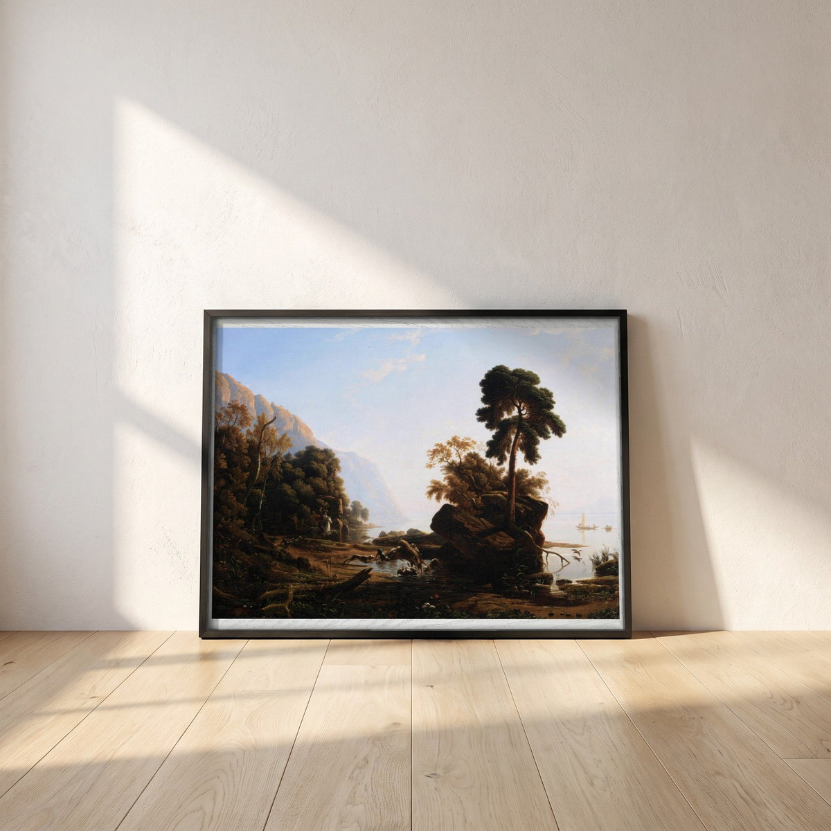 The Stag Hunt by Francis Danby framed print in a black frame leaning against a white plaster wall on oak floorboards in morning light