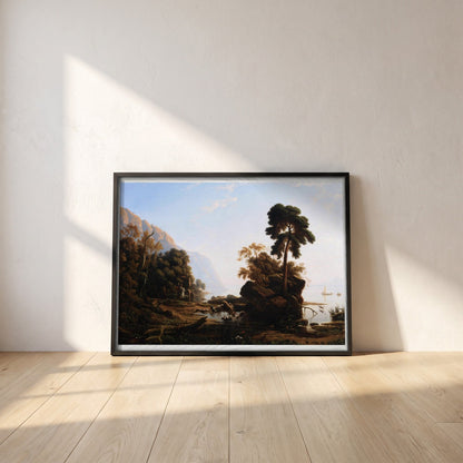 The Stag Hunt by Francis Danby framed print in a black frame leaning against a white plaster wall on oak floorboards in morning light