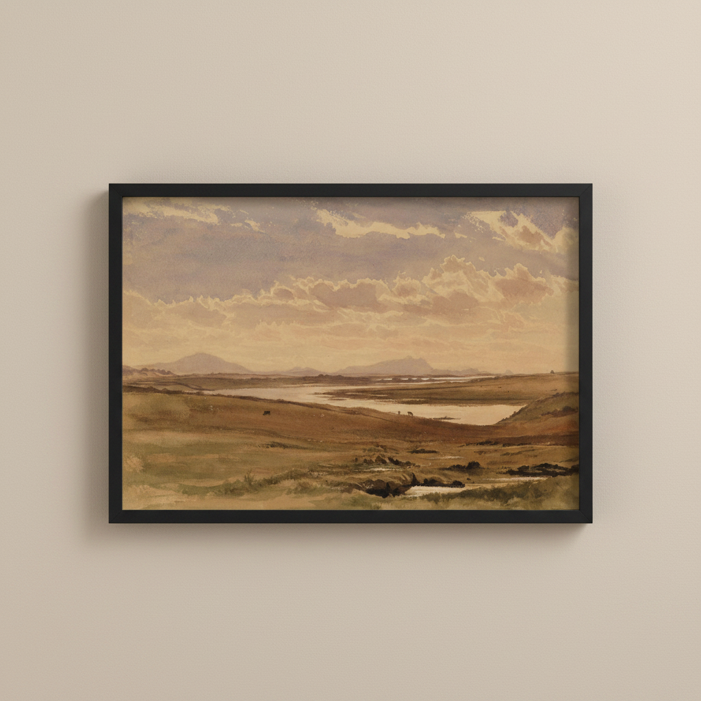 The Upper End of Lough Corrib framed print in a black frame on a plain beige wall