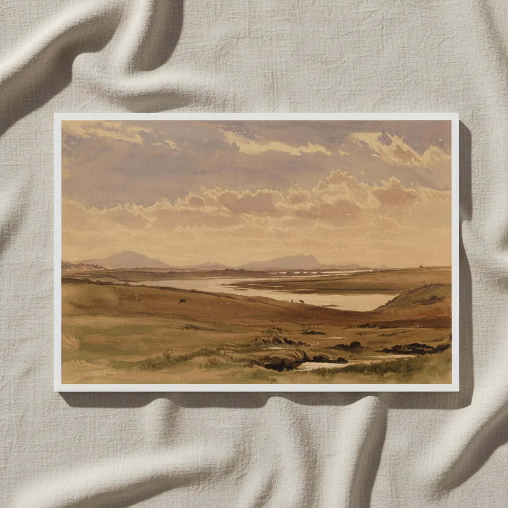 Lough Corrib Ireland landscape print in a white frame lying on draped linen