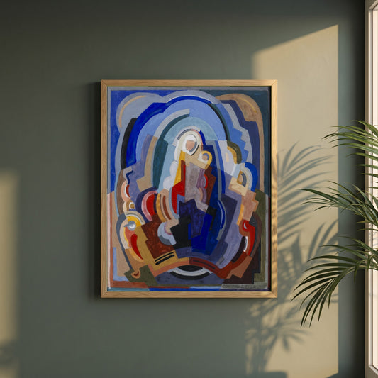 The Virgin and Child Enthroned framed print in a natural oak frame on a dark green wall beside a window, dappled plant shadow