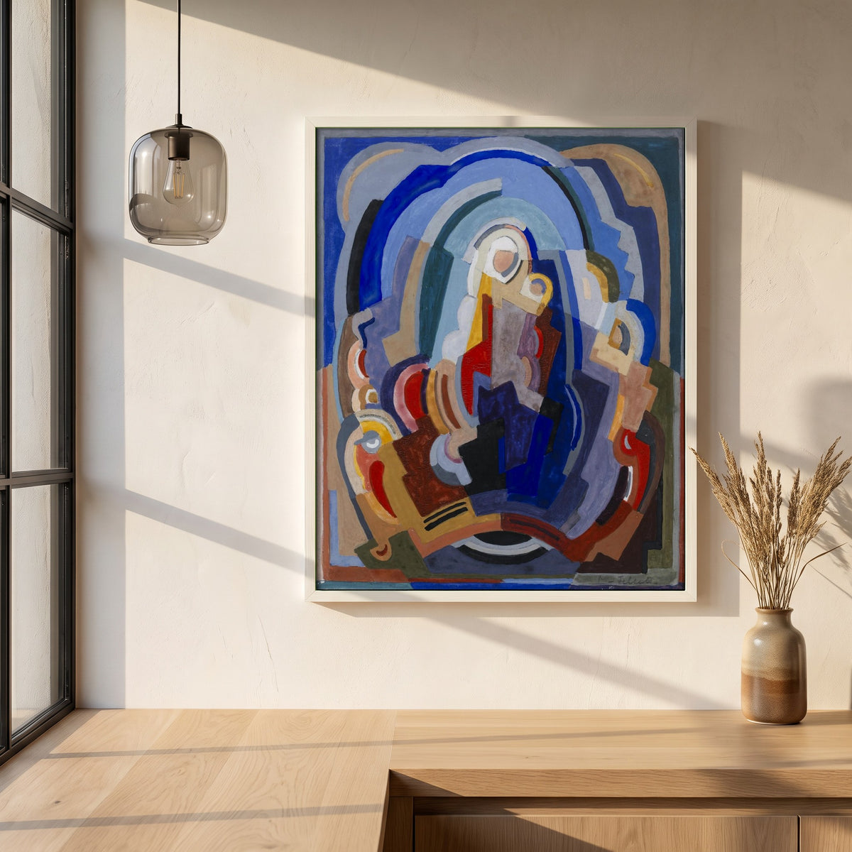The Virgin and Child Enthroned framed print in a white frame on a plaster wall above an oak worktop in a bright Scandinavian kitchen