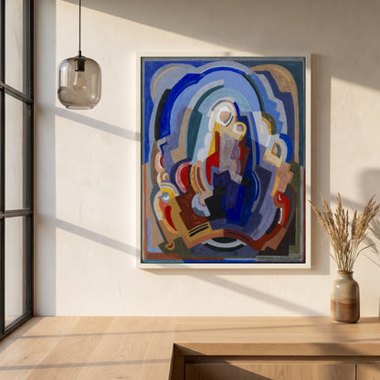The Virgin and Child Enthroned framed print in a white frame on a plaster wall above an oak worktop in a bright Scandinavian kitchen