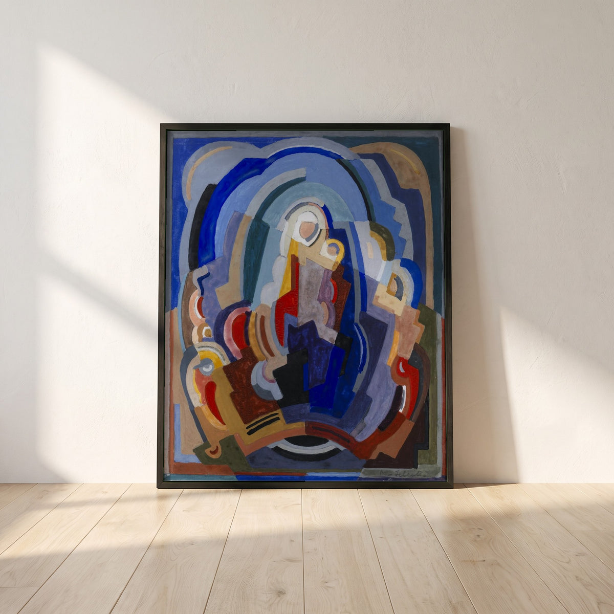 The Virgin and Child Enthroned framed print in a black frame leaning against a white plaster wall on oak floorboards in morning light