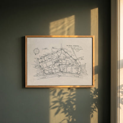 The Walls of Dublin framed print in a natural oak frame on a dark green wall beside a window, dappled plant shadow