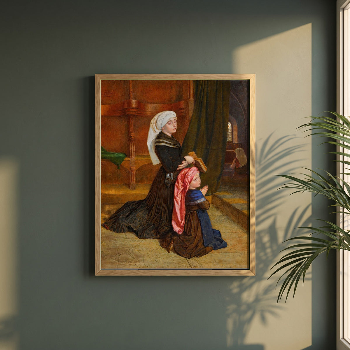 The Widow of Wöhlm framed print in a natural oak frame on a dark green wall beside a window, dappled plant shadow