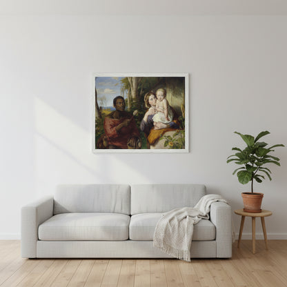 The Toy-Seller by William Mulready framed print above a white sofa beside a potted plant