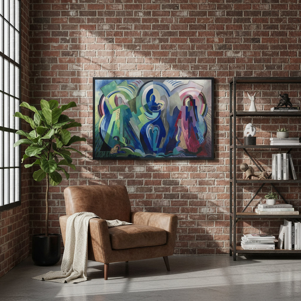 The Virgin of Éire by Mainie Jellett - framed print on an exposed brick wall in an industrial loft
