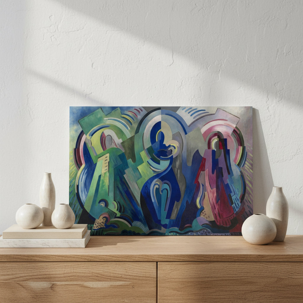 The Virgin of Éire by Mainie Jellett - unframed print propped against a white wall on a wooden console