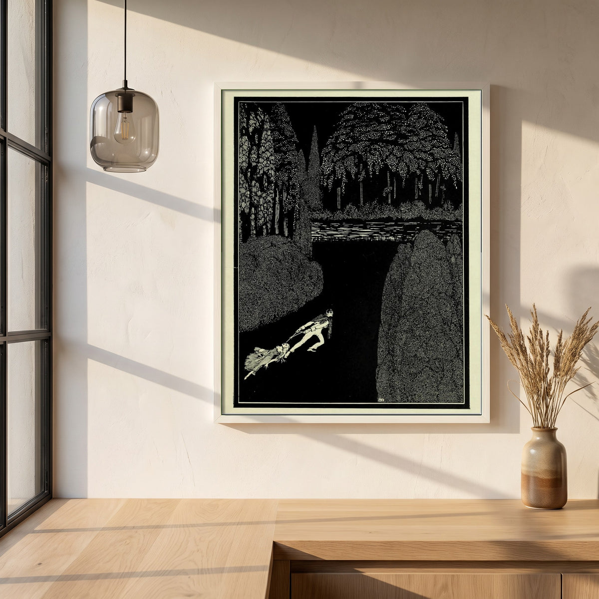 Toilsome Journey framed print in a white frame on a plaster wall above an oak worktop in a bright Scandinavian kitchen