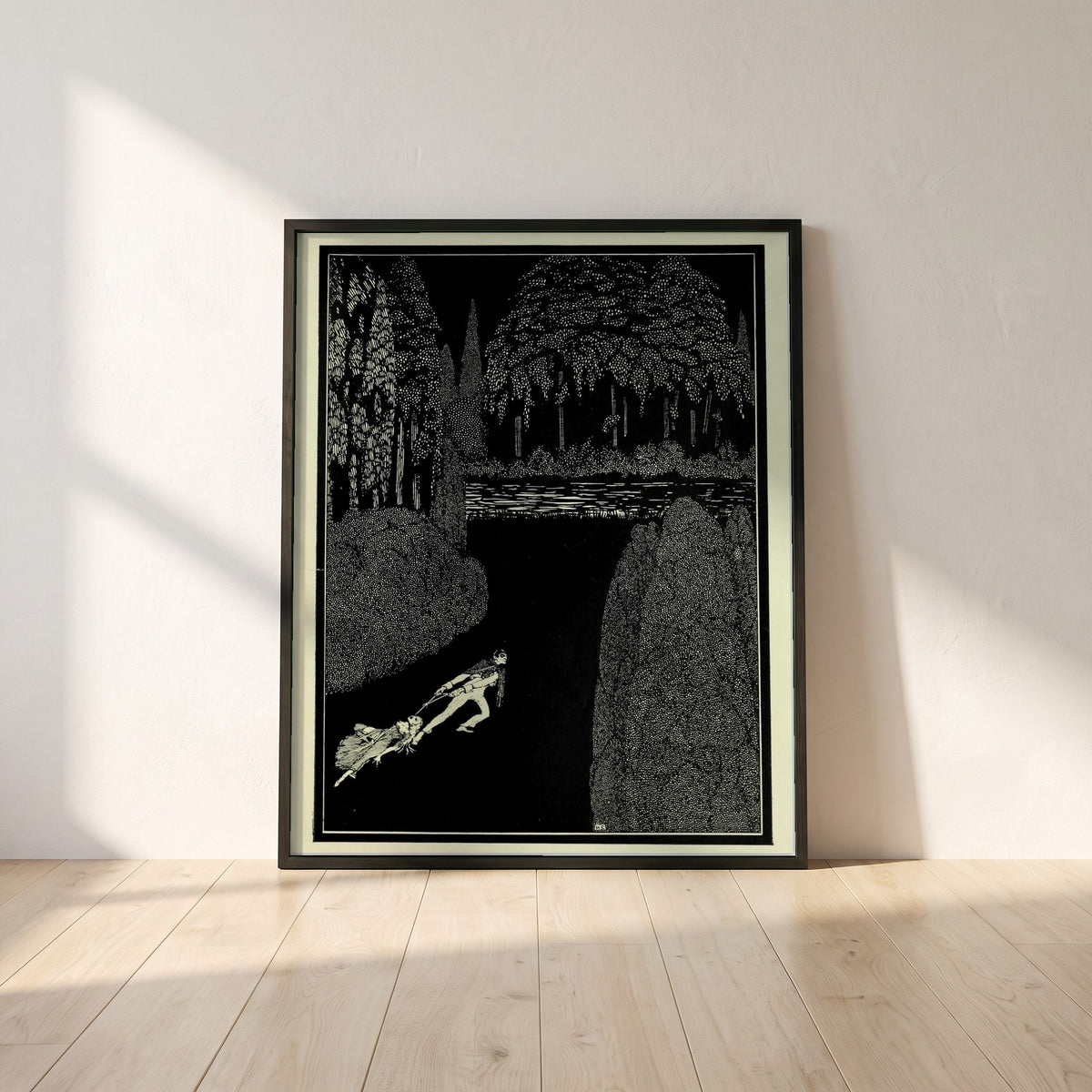 Toilsome Journey framed print in a black frame leaning against a white plaster wall on oak floorboards in morning light