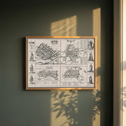 Town Plans of Dublin, Cork, Limerick & Galway 1618 framed print in a natural oak frame on a dark green wall beside a window, dappled plant shadow