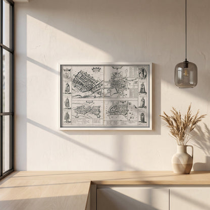 Town Plans of Dublin, Cork, Limerick & Galway 1618 framed print in a white frame on a plaster wall above an oak worktop in a bright Scandinavian kitchen
