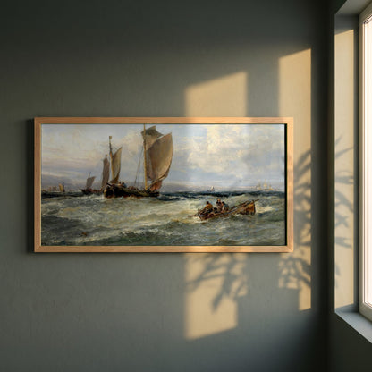 Trawlers Leaving Port framed print in a natural oak frame on a dark green wall beside a window, dappled plant shadow