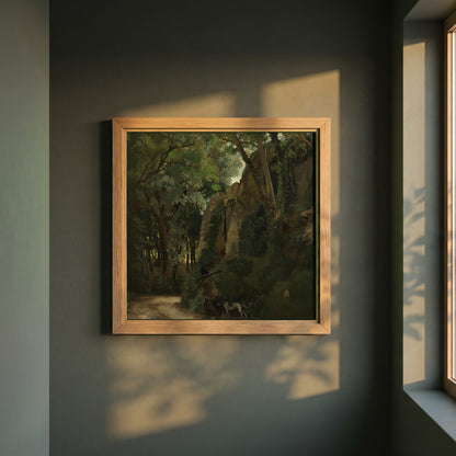 Trees at Howth framed print in a natural oak frame on a dark green wall beside a window, dappled plant shadow