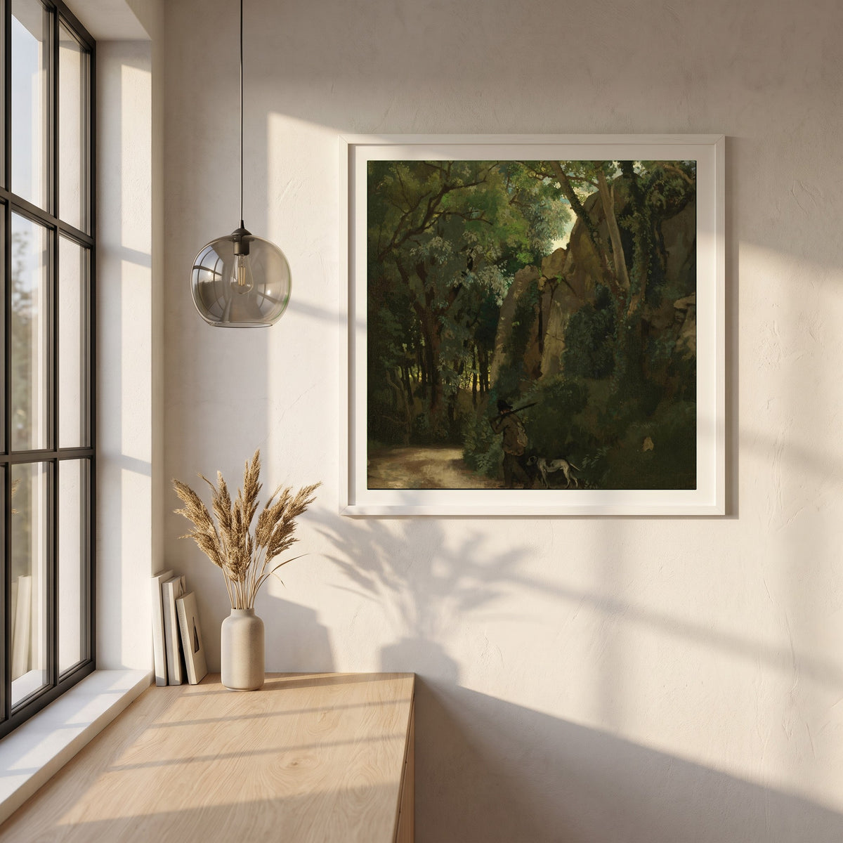 Trees at Howth framed print in a white frame on a plaster wall above an oak worktop in a bright Scandinavian kitchen