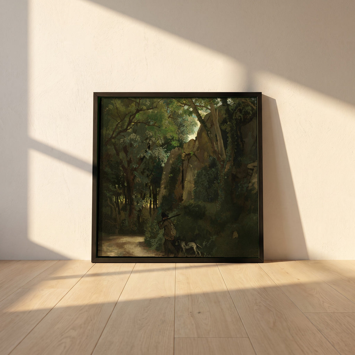 Trees at Howth framed print in a black frame leaning against a white plaster wall on oak floorboards in morning light